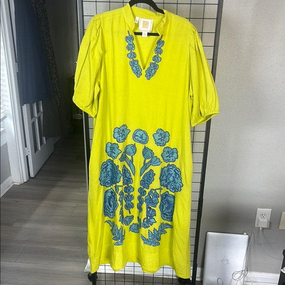 Vibrant Lime and Teal Floral Midi Dress - Picture 2 of 7